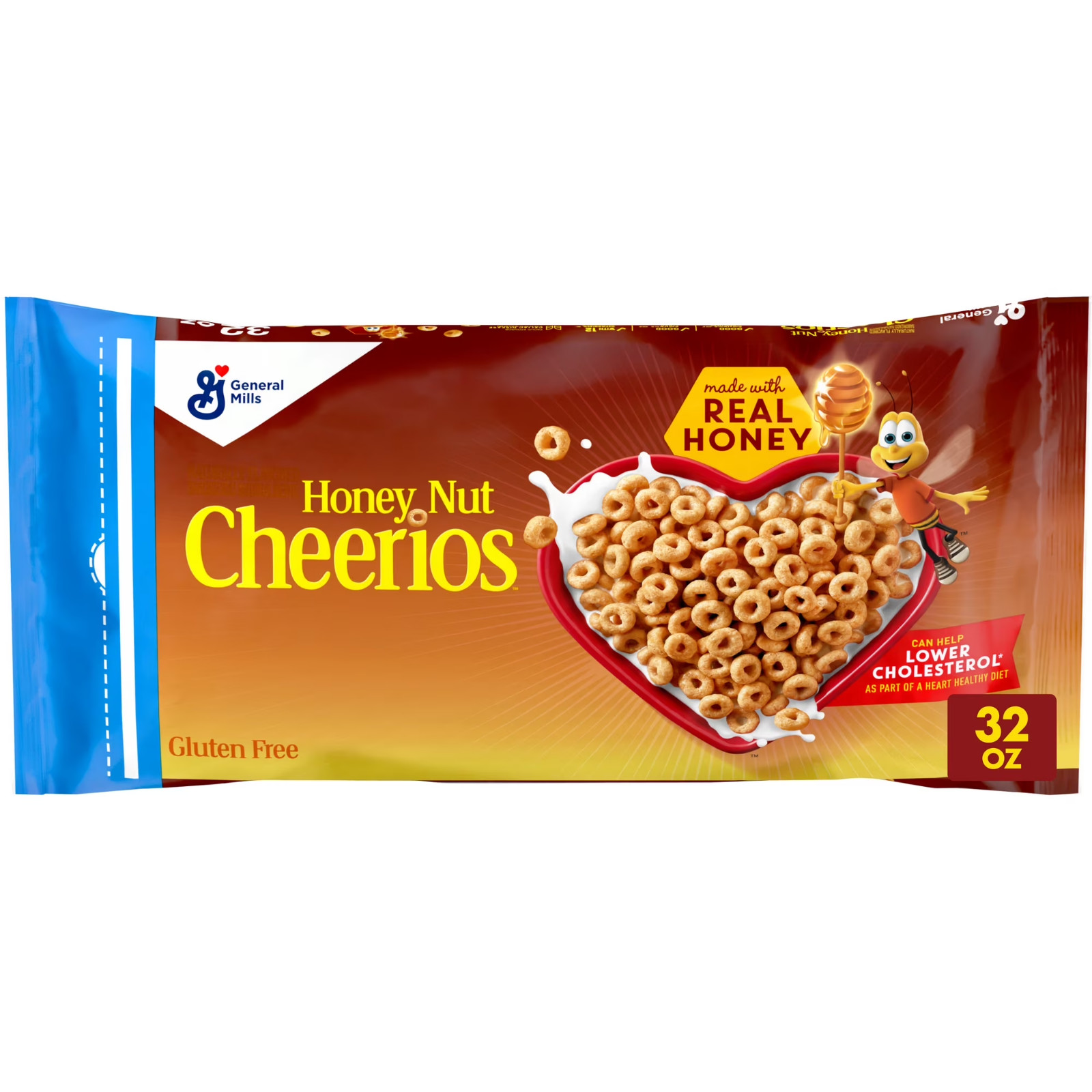 Honey nut Cheerios Heart healthy gluten Free breakfast Cereal Resalable Bag 32OZ