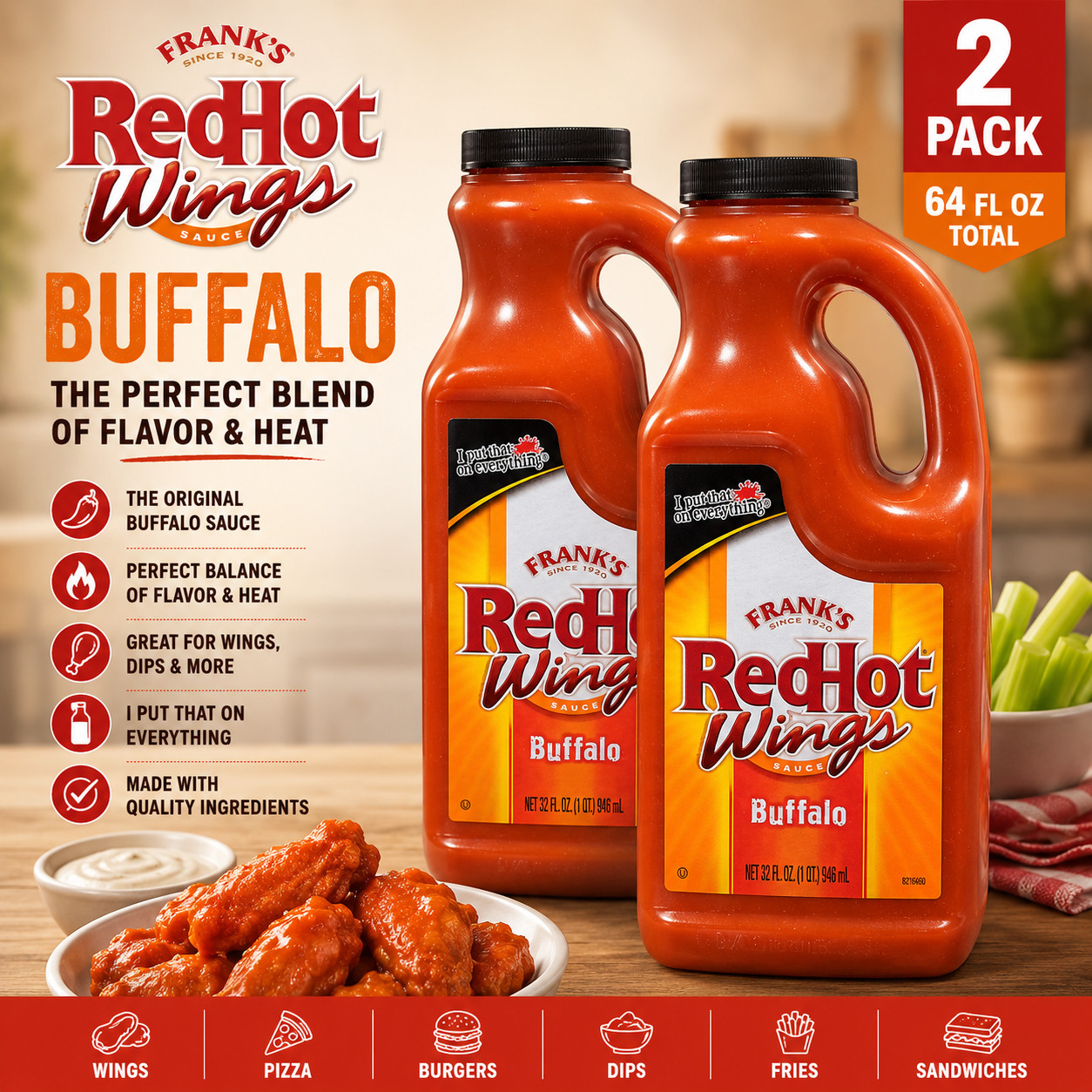 Frank’s RedHot Kosher Buffalo Wing Sauce, 32.0 fl oz Jug PACK OF 2