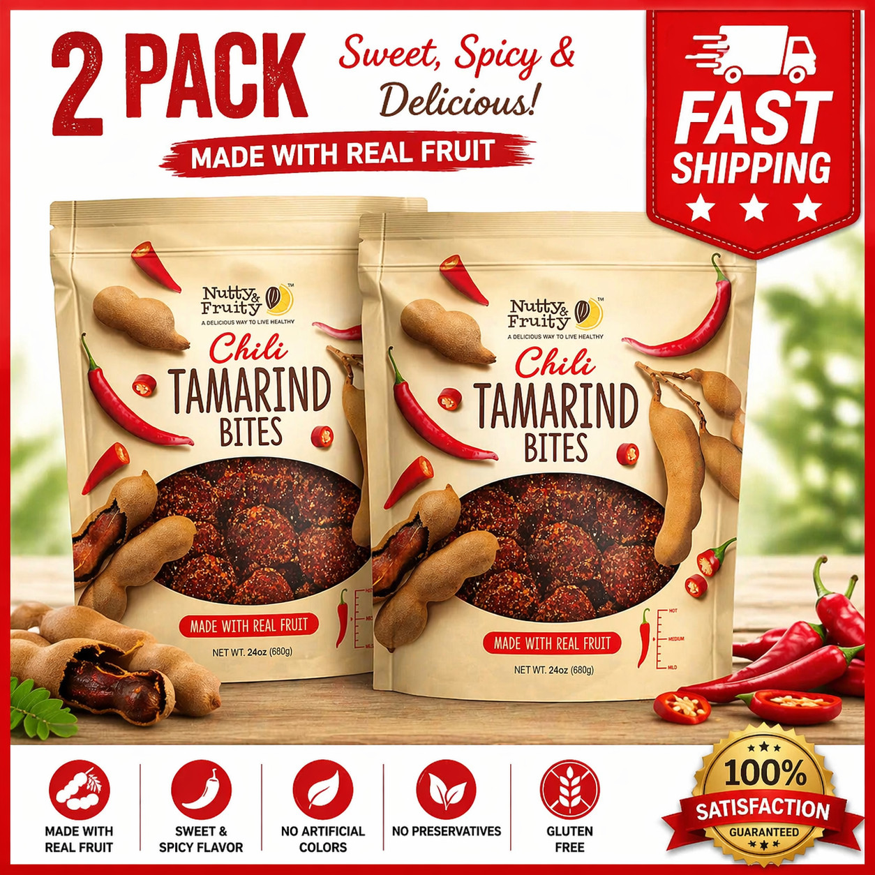 2-PACK Nutty and Fruity Chili Tamarind Bites, 24 Ounce – REAL FRUIT, Gluten Free
