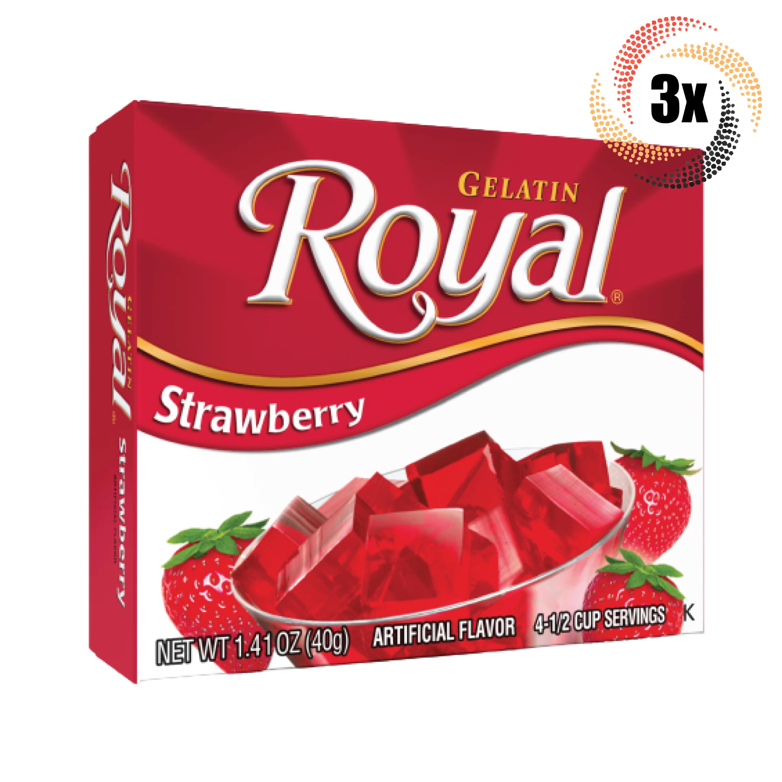 3x Packs Royal Strawberry Flavor Fat Free Gelatin | 4 Servings Per Pack | 1.4oz
