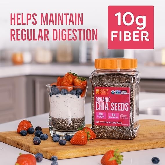 BetterBody Foods Organic Chia Seeds 2 lbs, 32 Oz, with Omega-3, Non-GMO, Gluten