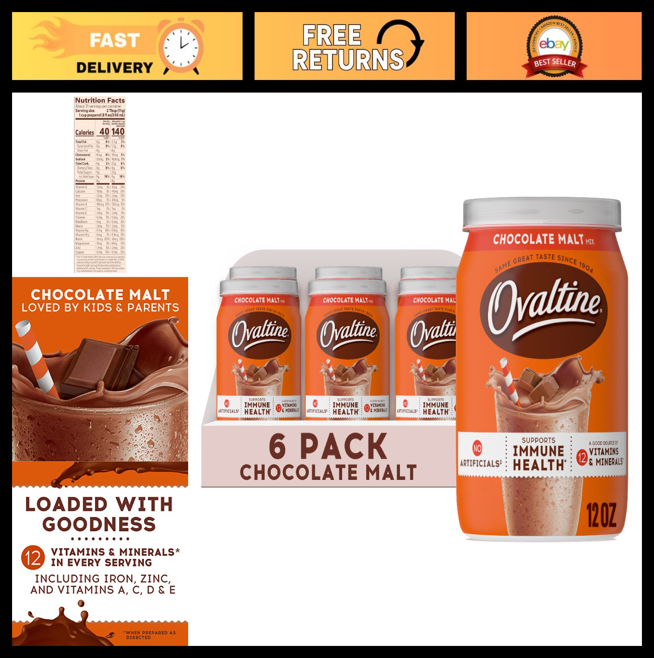 Chocolate Malt Milk Flavoring Powder – 6 Pack, Rich & Creamy Beverage Mix