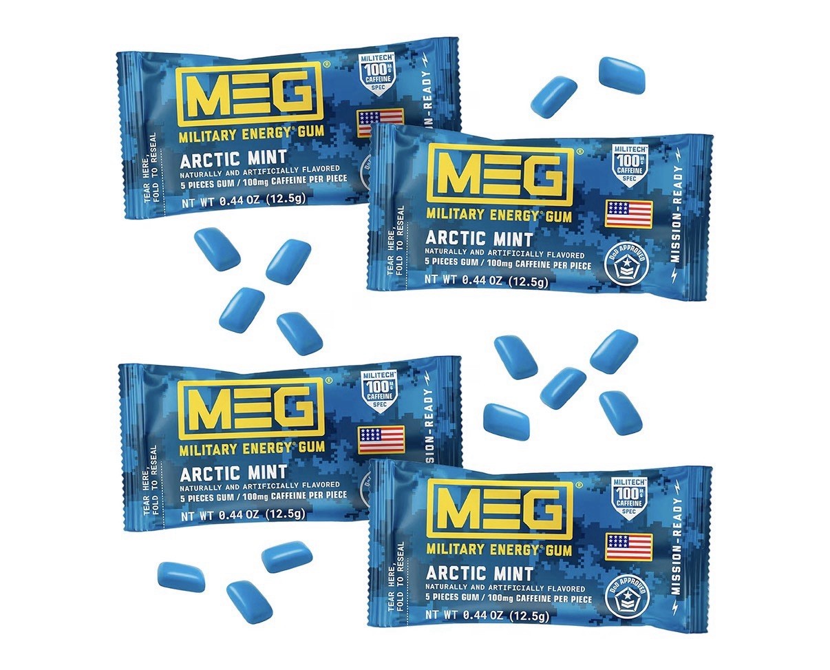 MEG Energy Gum 4 Pack 5 Pieces Each 20 Count Total 100mg Caffeine Per