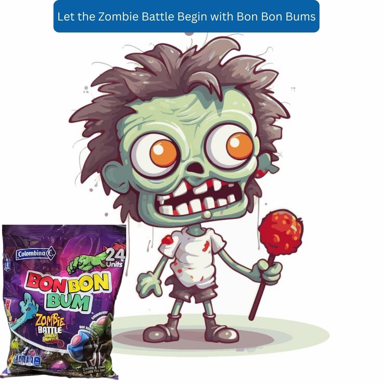 Bon Bon Bum Zombie Battle Tongue Painter Lollipops – Assorted Flavors – 24 Pack