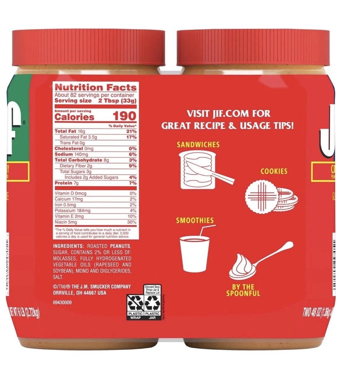 Jif Creamy Peanut Butter Gluten Free Smooth Style 2 Pack 6 lb Total