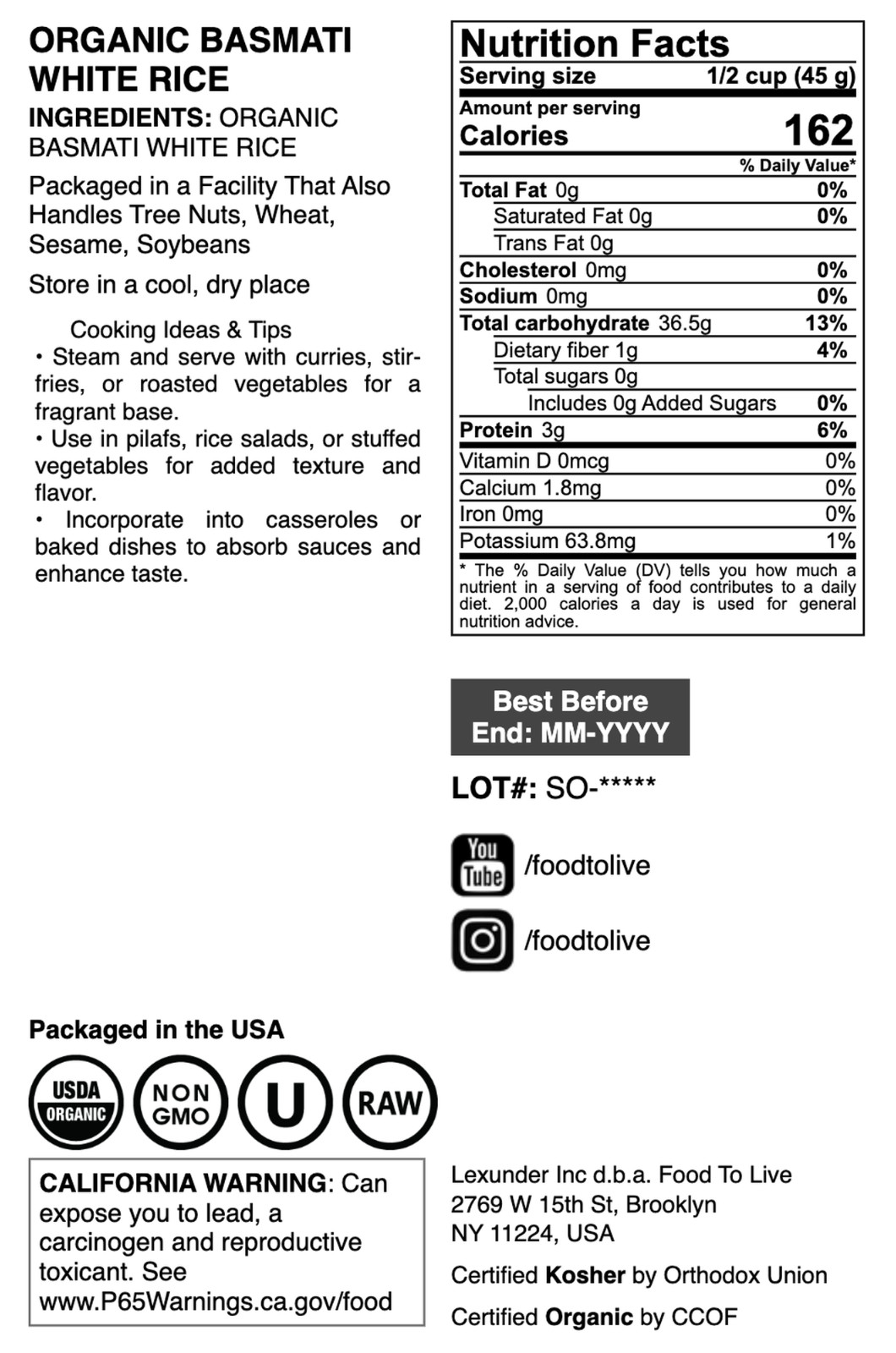 Organic Basmati White Rice — Non-GMO, Raw, Non-Irradiated, Kosher, Vegan, Bulk