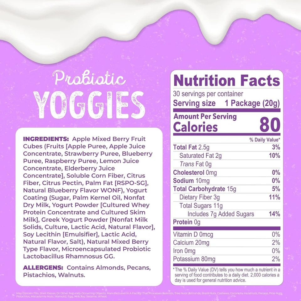 Probiotic Mixed Berry Yoggies, 21Oz (30 X 0.7Oz) – Yogurt Covered Fruit Snack, H