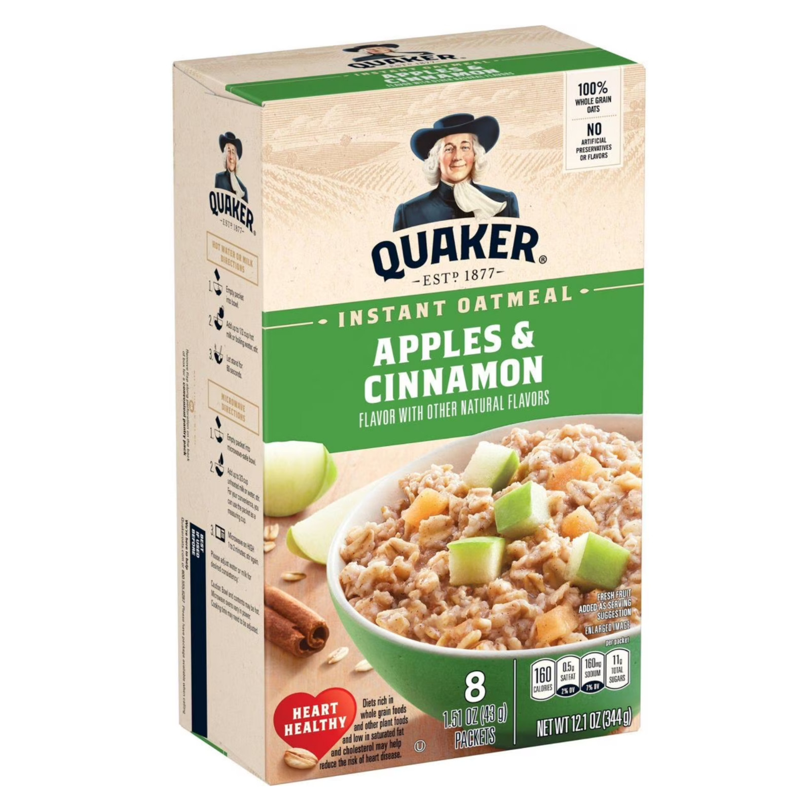 (12 pack) Quaker Instant Oatmeal, Apple and Cinnamon, 12.1 oz, 8 Packets