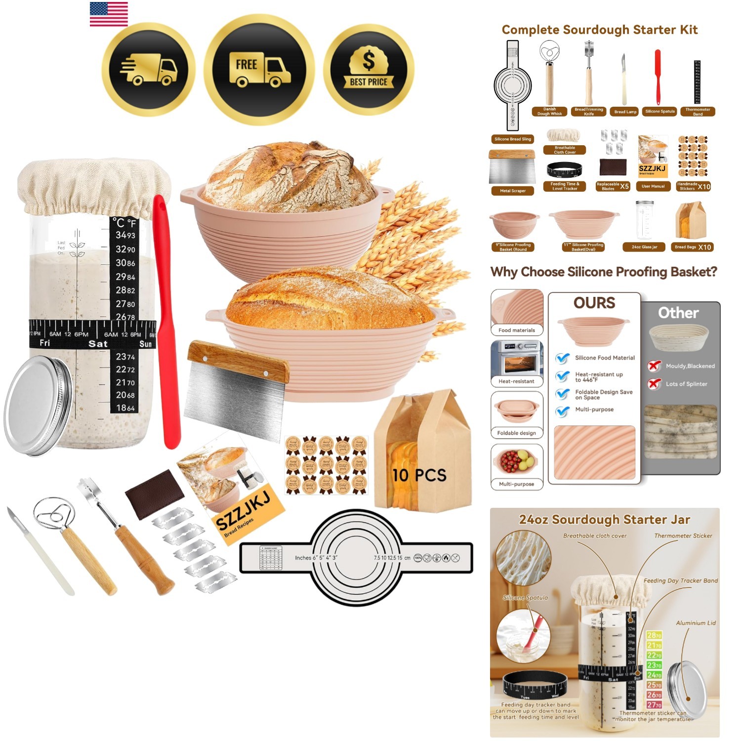 Sourdough Starter Kit, 24PCS Sourdough Bread Baking Supplies, 9″Round & 11″Ov…