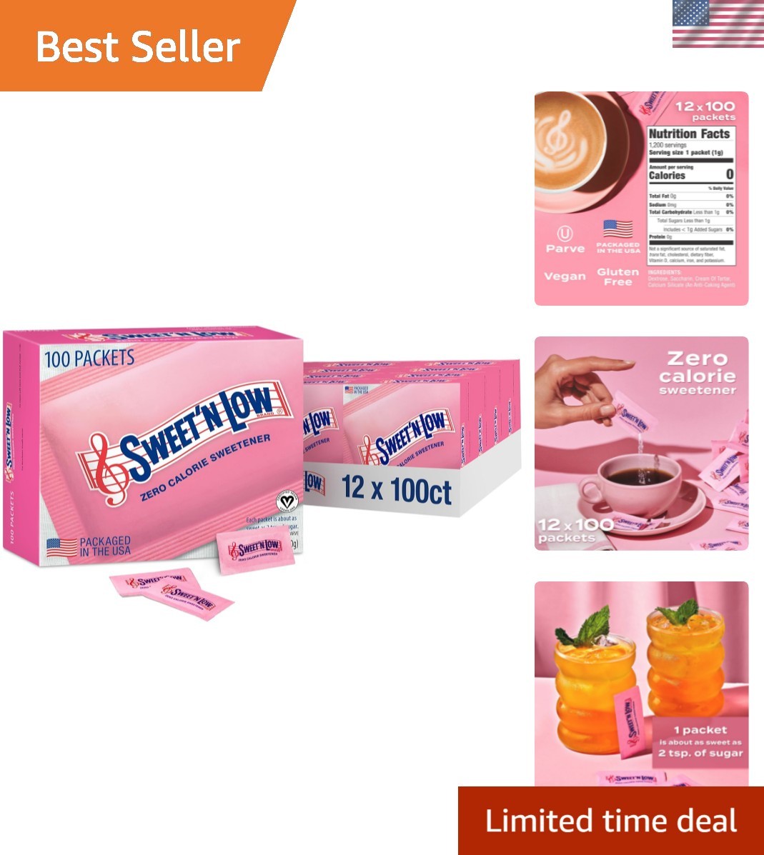 Zero Calorie Sweetener Packets, 100 Ct Box, 12 Pack, Kosher & Gluten Free, Lo…