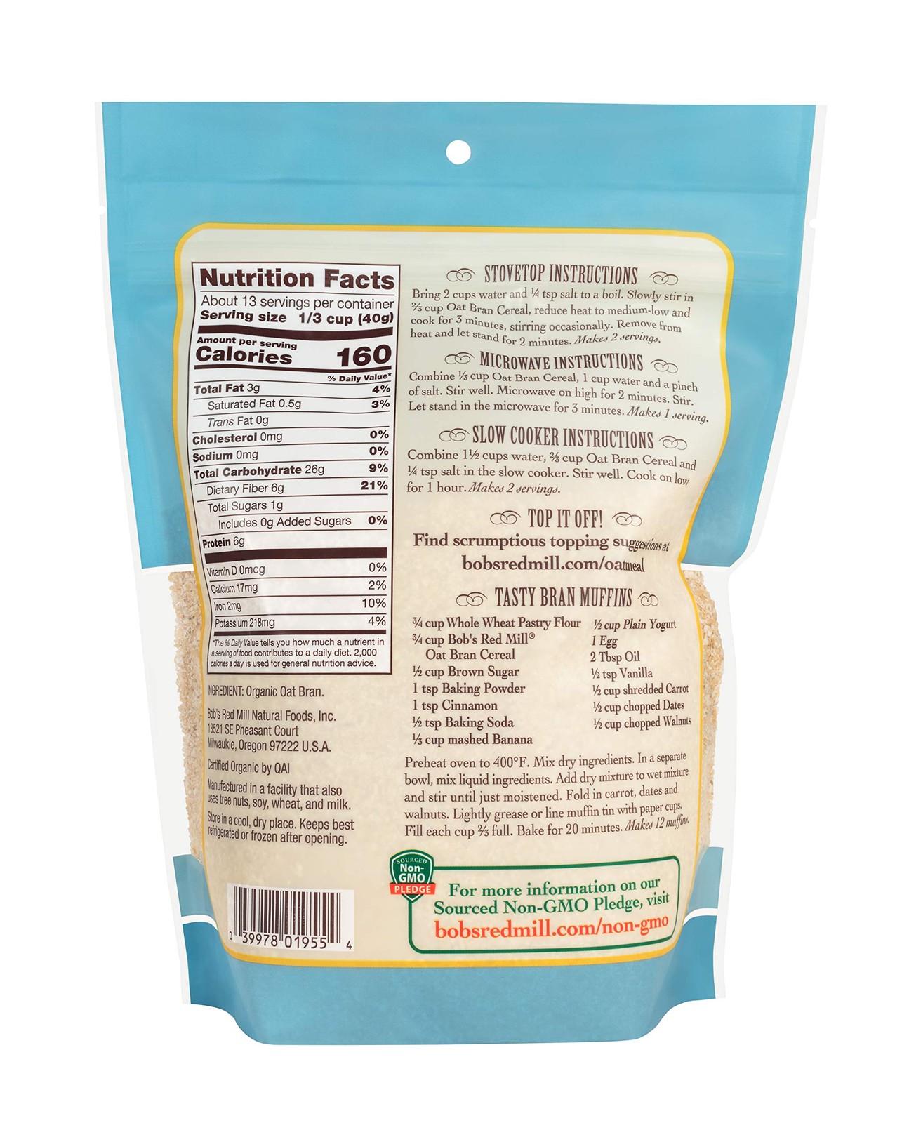 Organic Oat Bran, 18oz (Pack of 4) – Non GMO, Vegan, Kosher