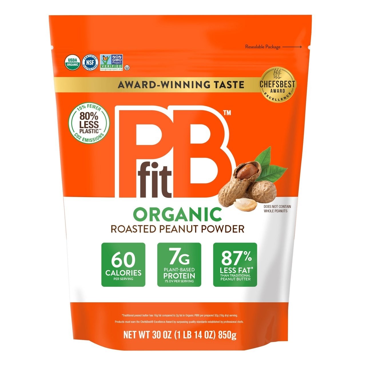 PB Fit Organic Peanut Butter Powder Gluten-Free 30 Ounce, Plant base, Less Fat