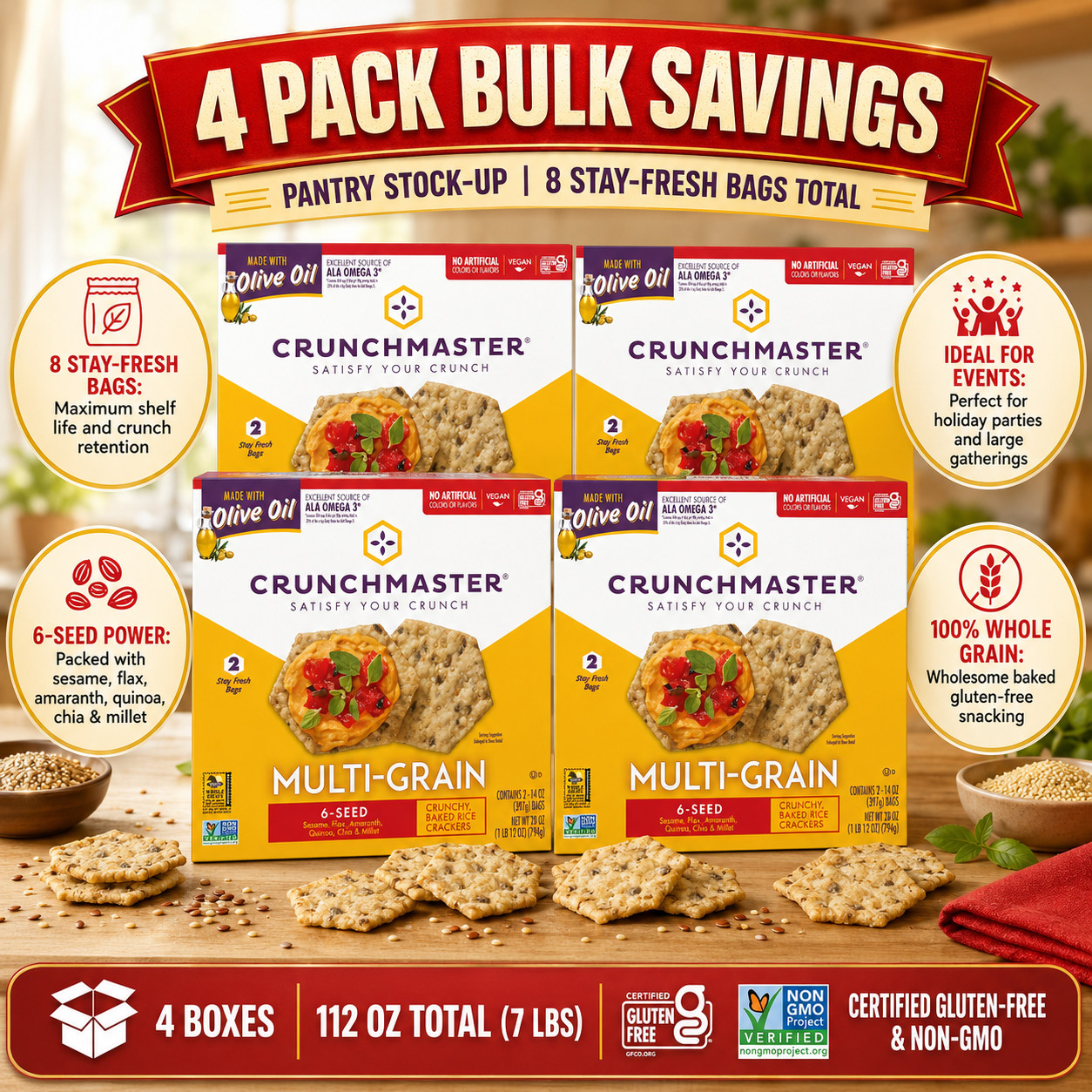 4 Pack Crunchmaster 6-Seed Multi-Grain Crackers, 28 oz