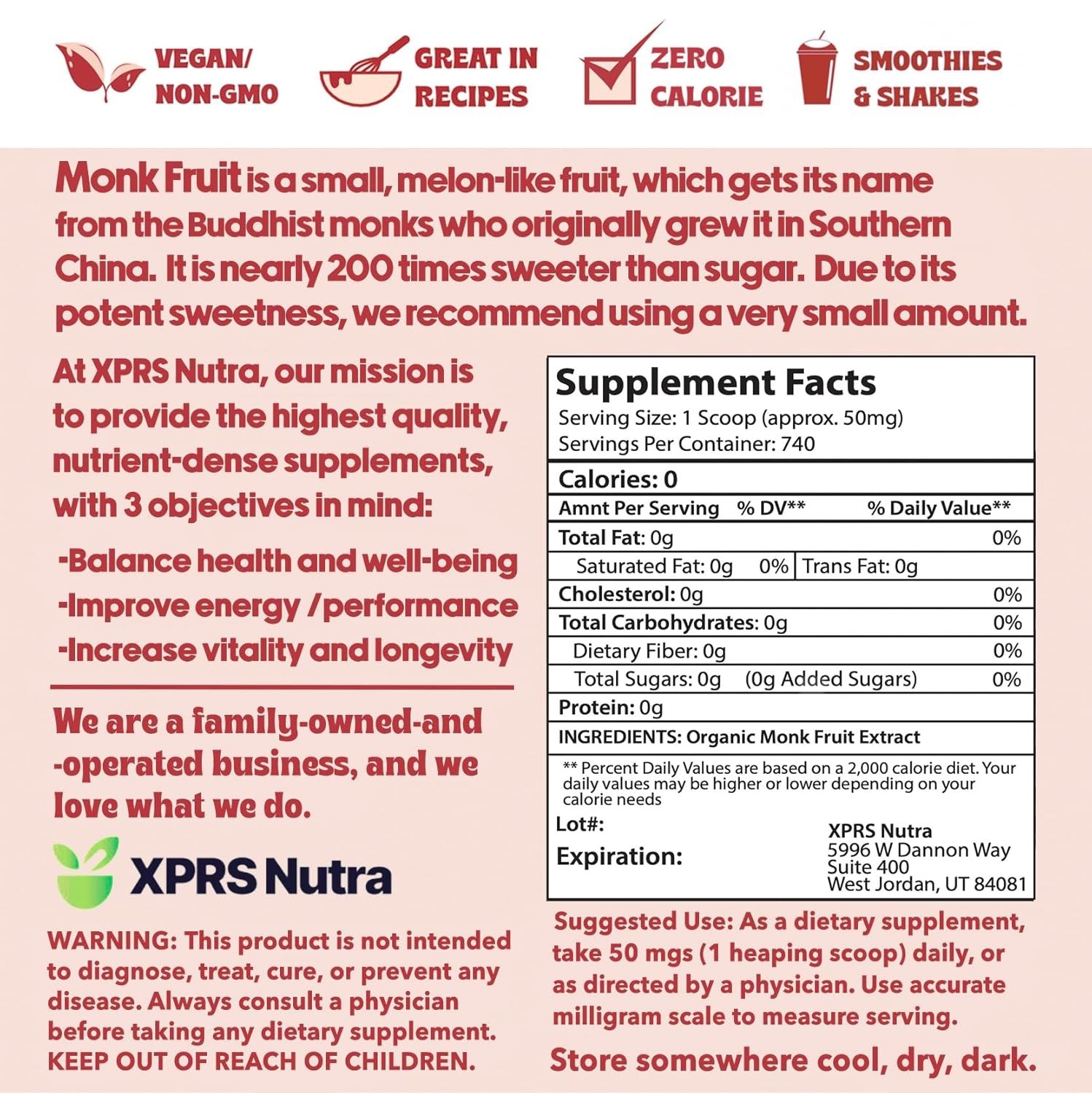Monk Fruit Extract Powder 25% Mogroside Sugar Substitute 1.3 Ounces Premium