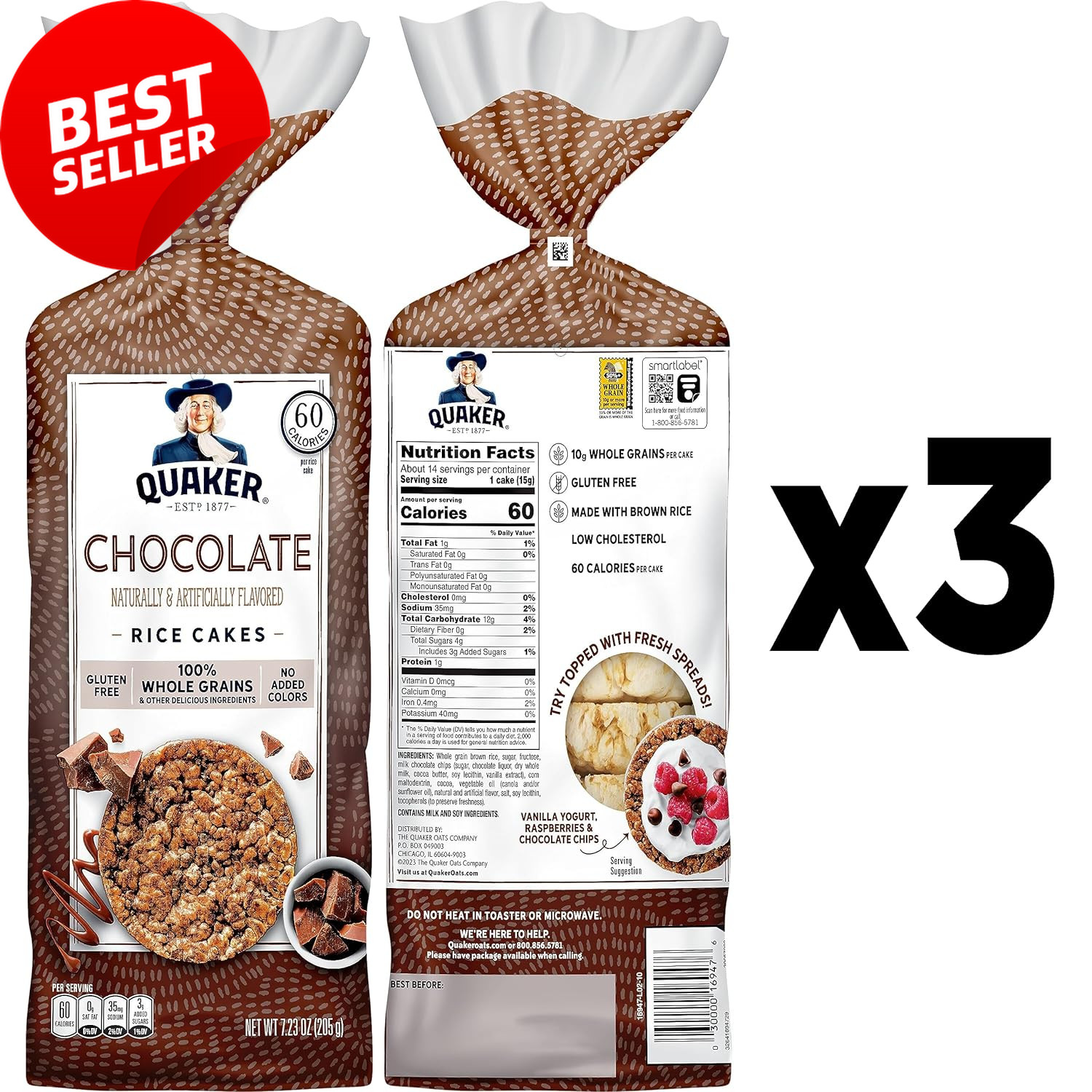 Large Chocolate Rice Cakes, 7.23oz (3 Pack), Gluten-Free, Whole Grain