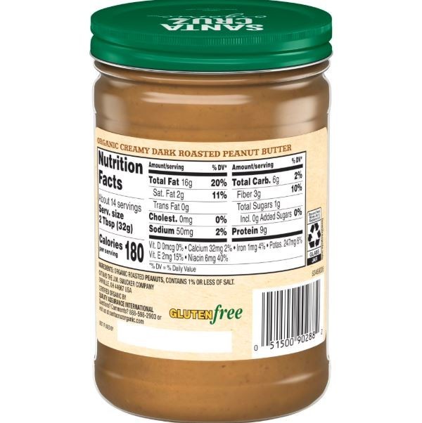 Santa Cruz Organic Creamy Dark Roasted Peanut Butter, 16 oz Jar – Free Shipping