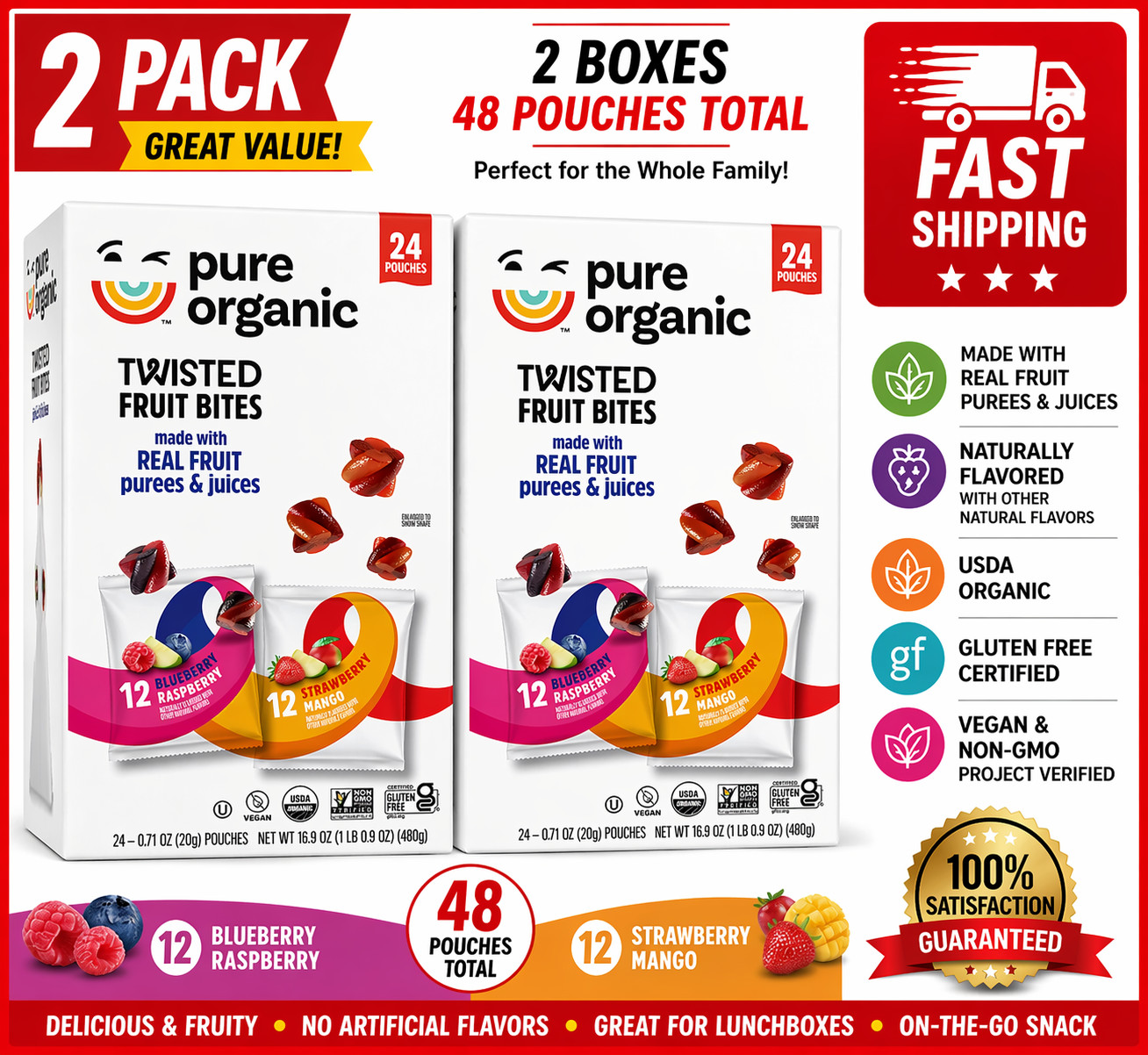 2PACK Pure Organic Twisted Fruit Bites, 0.7 Ounce (Pack of 24) Vegan, Real Fruit
