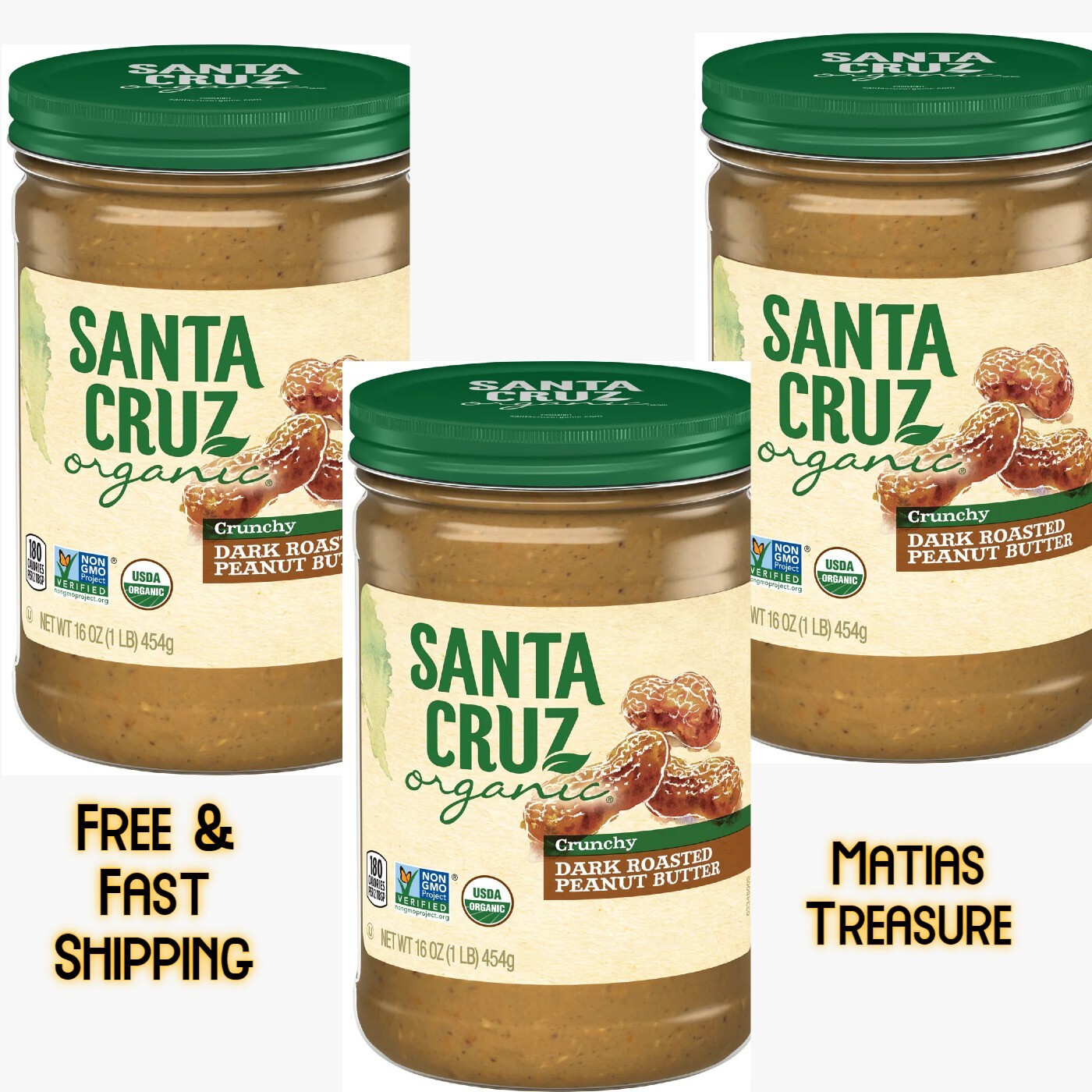 Santa Cruz Organic Crunchy Dark Roasted Peanut Butter, 16 oz (pack of 3)