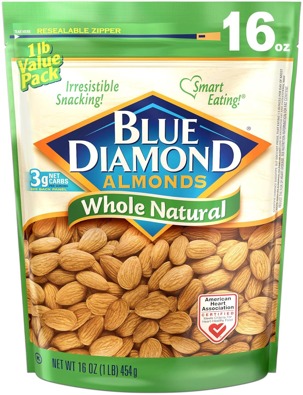 Blue Diamond Almonds Raw Whole Natural Snack Nuts, 16 Oz Bag