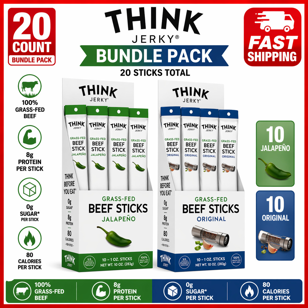 Think Jerky, Original/Jalapeno Beef Sticks 1.0 Ounce Sticks, Pack of 20