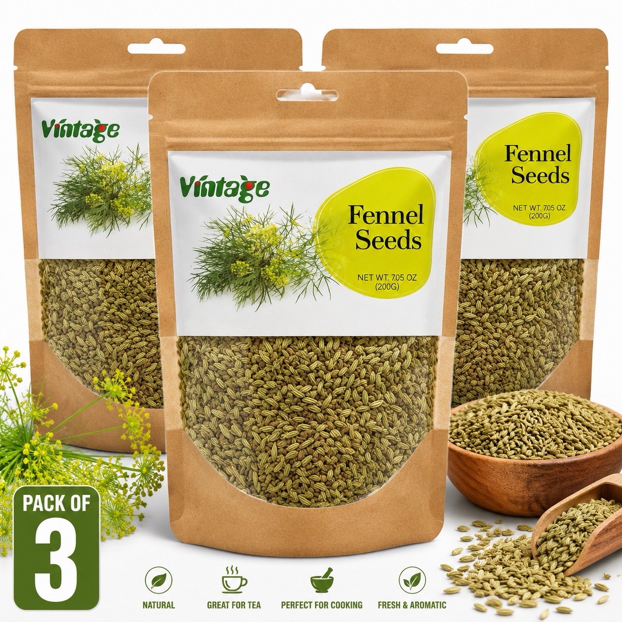 Vintage Fennel Seeds 7.05 oz (200g) Natural Whole Spice – Pack of 3