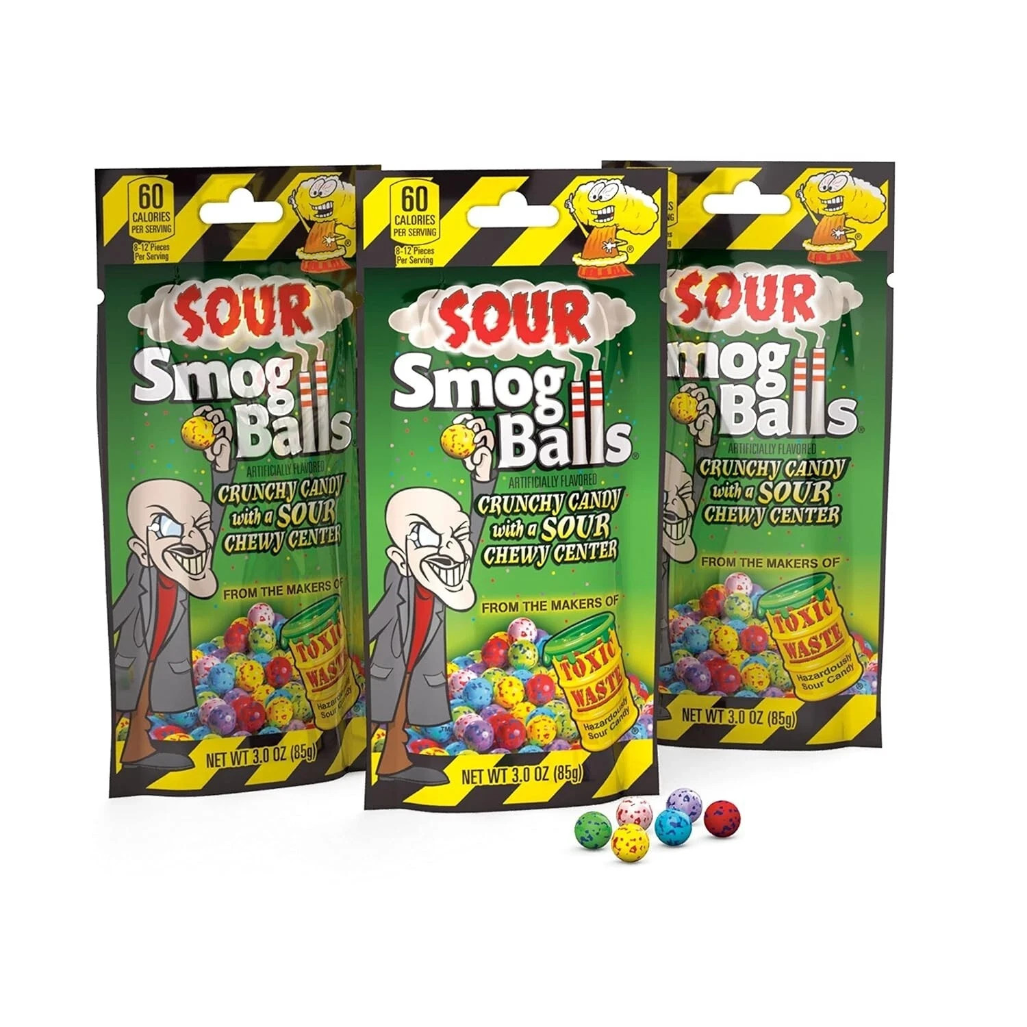3x Bags Toxic Waste Sour Smog Balls Crunchy Novelty Candy With Chewy Center 3oz