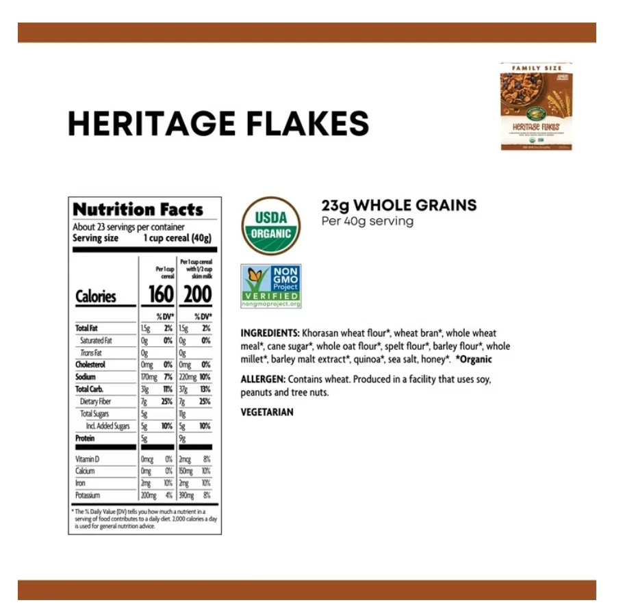 Nature’s Path Organic Breakfast Cereal, Heritage Flakes, 33.5oz Box
