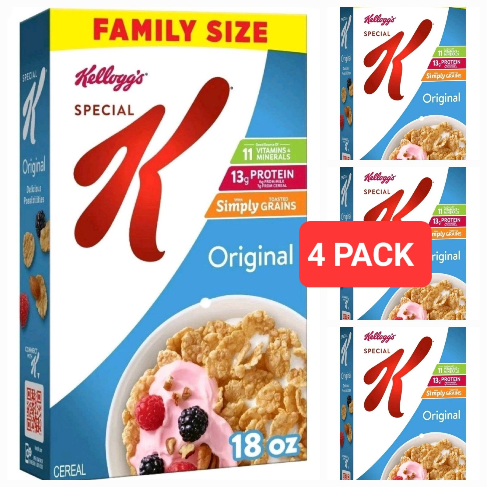 4 PACK! Special K Original Breakfast Cereal 13g Protein 18oz Each Family Size