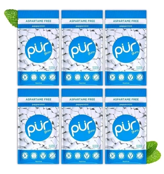 PUR Xylitol Chewing Gum PEPPERMINT (55 Pieces, 6 Pack) Dry-Mouth Sugarless Vegan