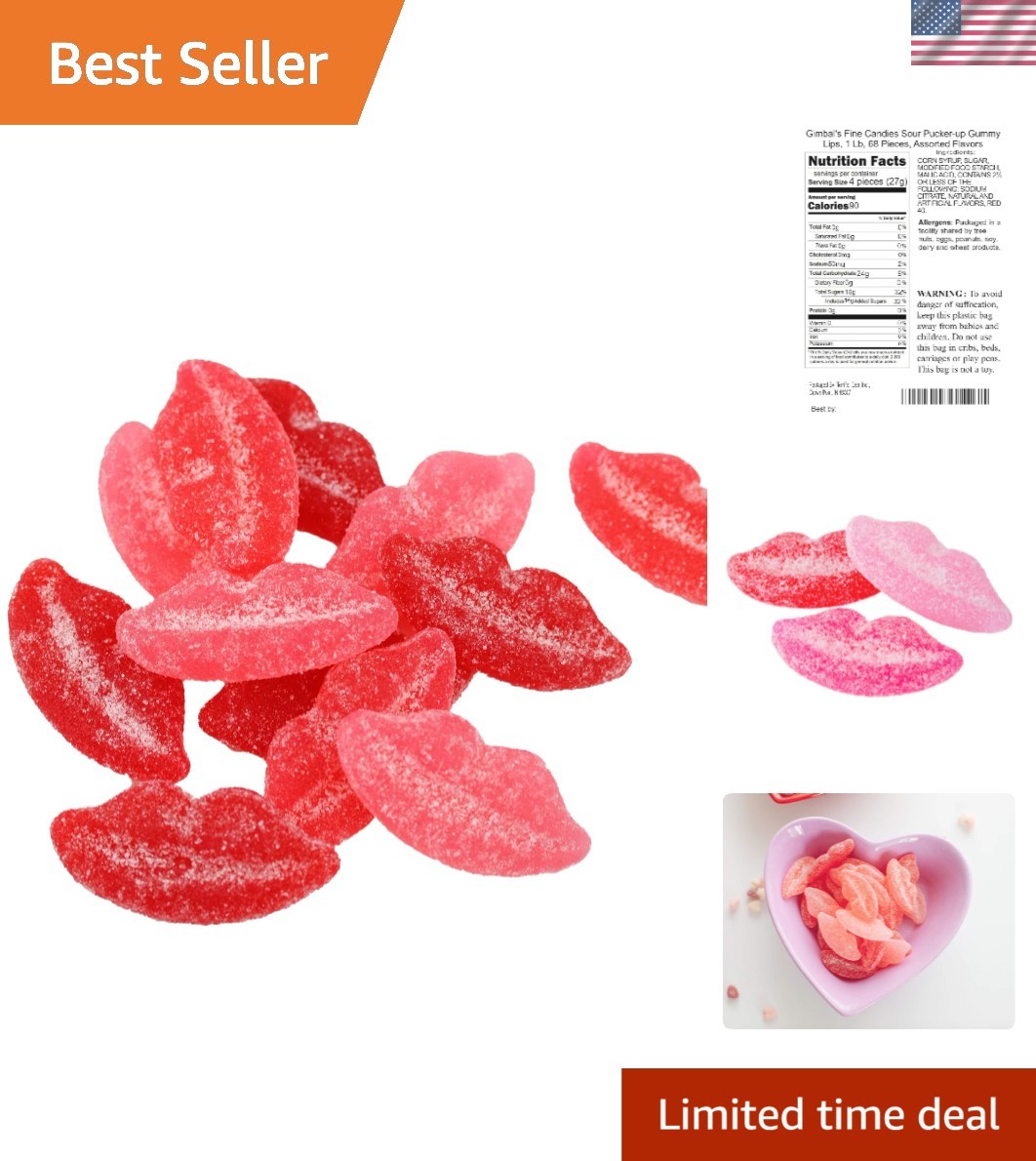 Sour Gummy Lips Candy Assorted Flavors 1lb 68 Pieces Pucker Up Gummies