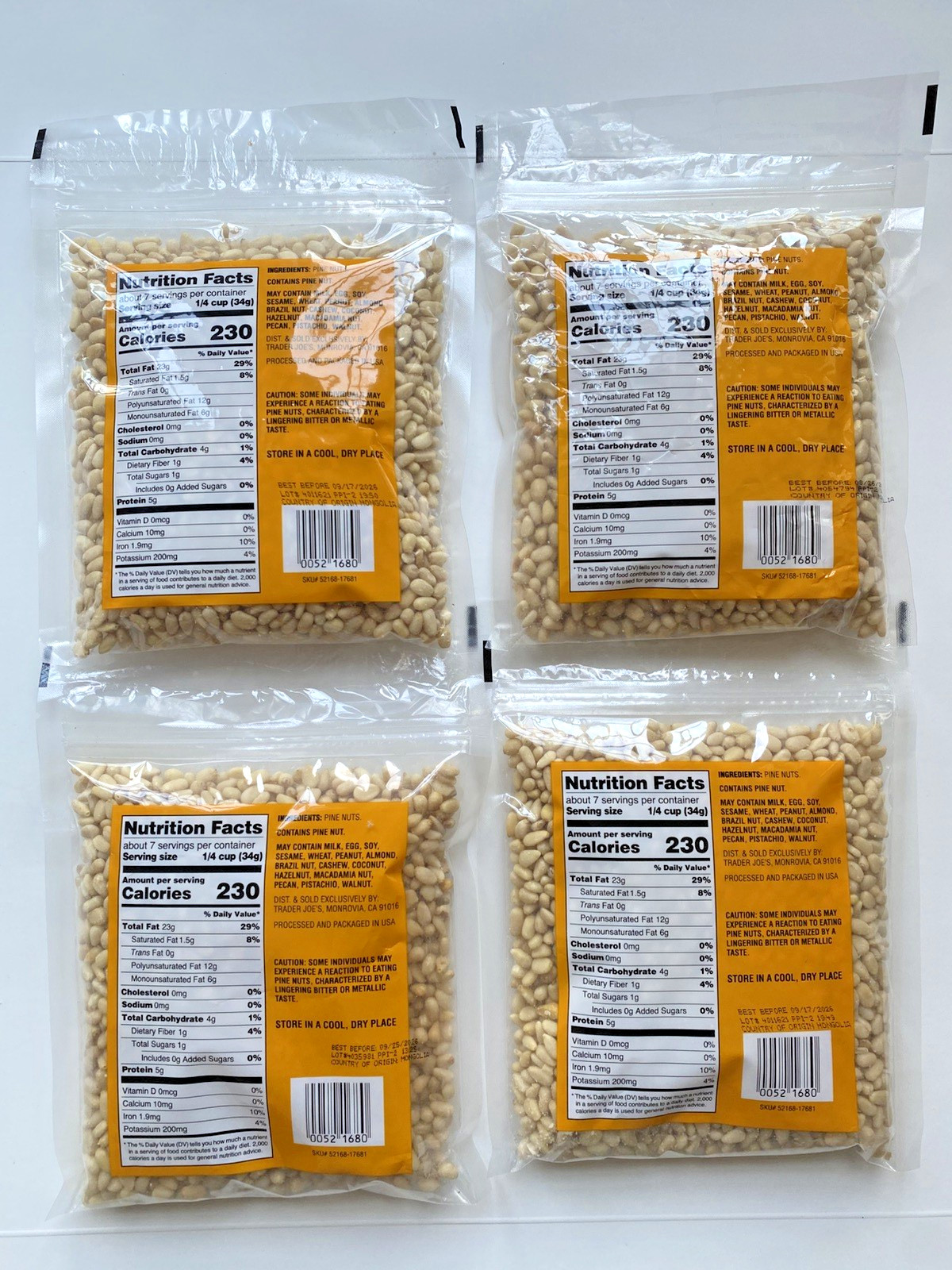 4 Packs of New Trader Joe’s Dry Toasted Pignolias Pine Nuts 8oz Each X 4 Bags