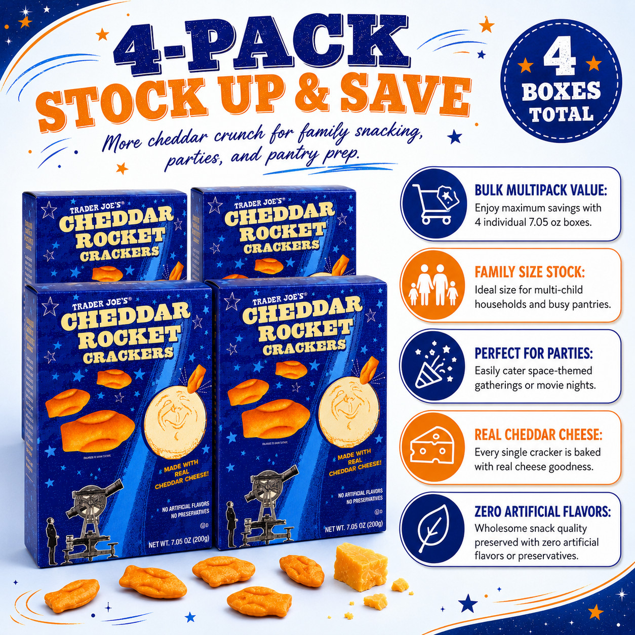 4 Pack Trader Joe’s Cheddar Cheese Rocket Crackers 7.05 oz
