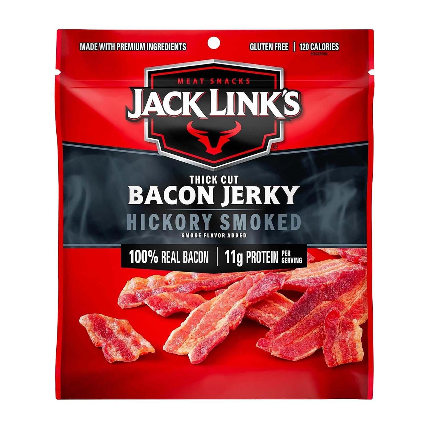 Bacon Jerky Hickory Smoked 2.5 Oz Ready-to-Eat Protein Snack Thick Cut Keto Frie