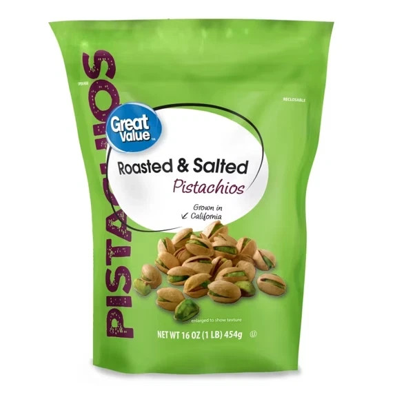 Great Value Roasted & Salted Pistachios, 16 oz Resealable Bag Free Shipping.