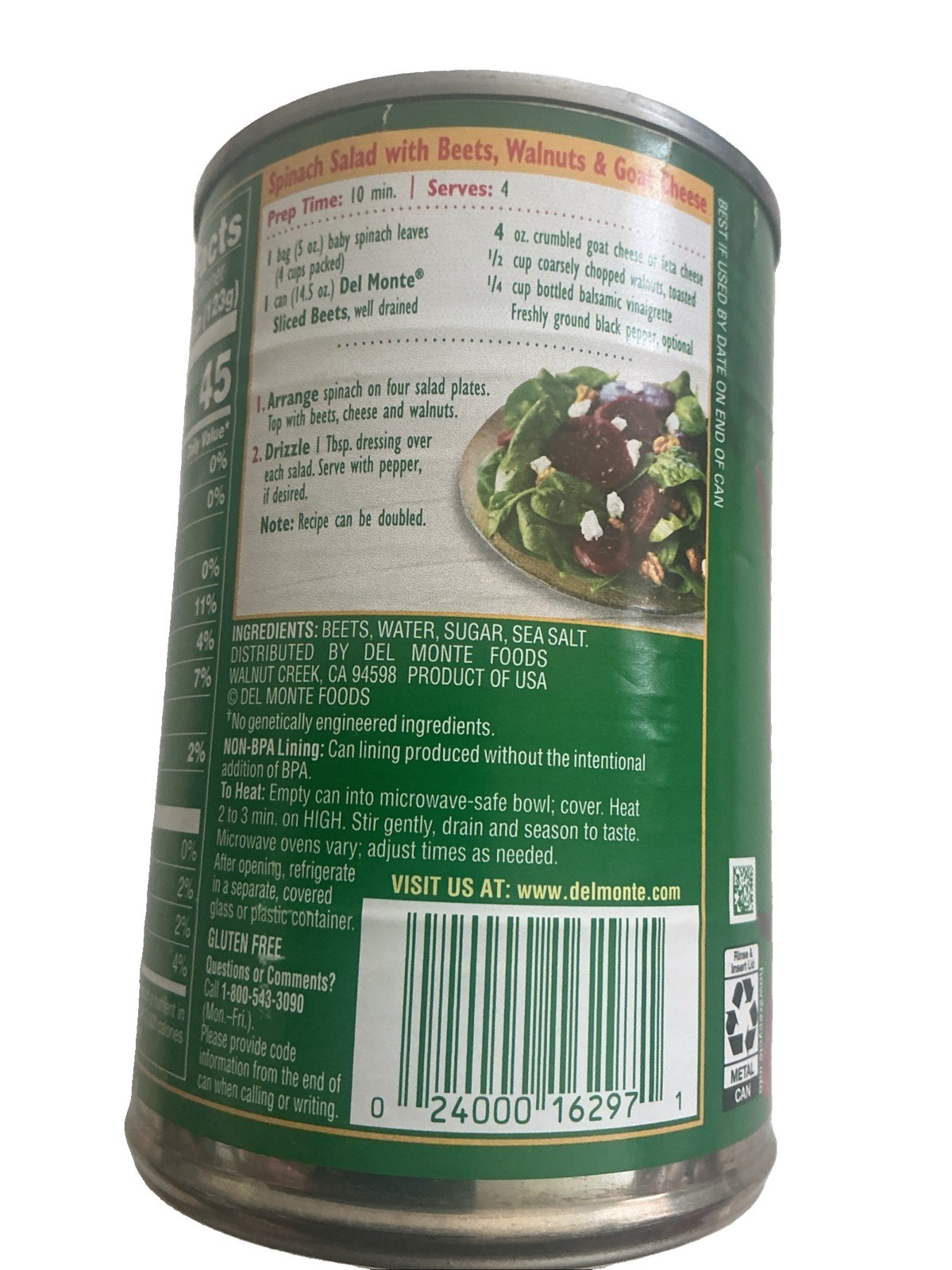 Del Monte Sliced Beets 1 Can 14.5 Oz Exp 01/28/2028 Non GMO Grown In USA