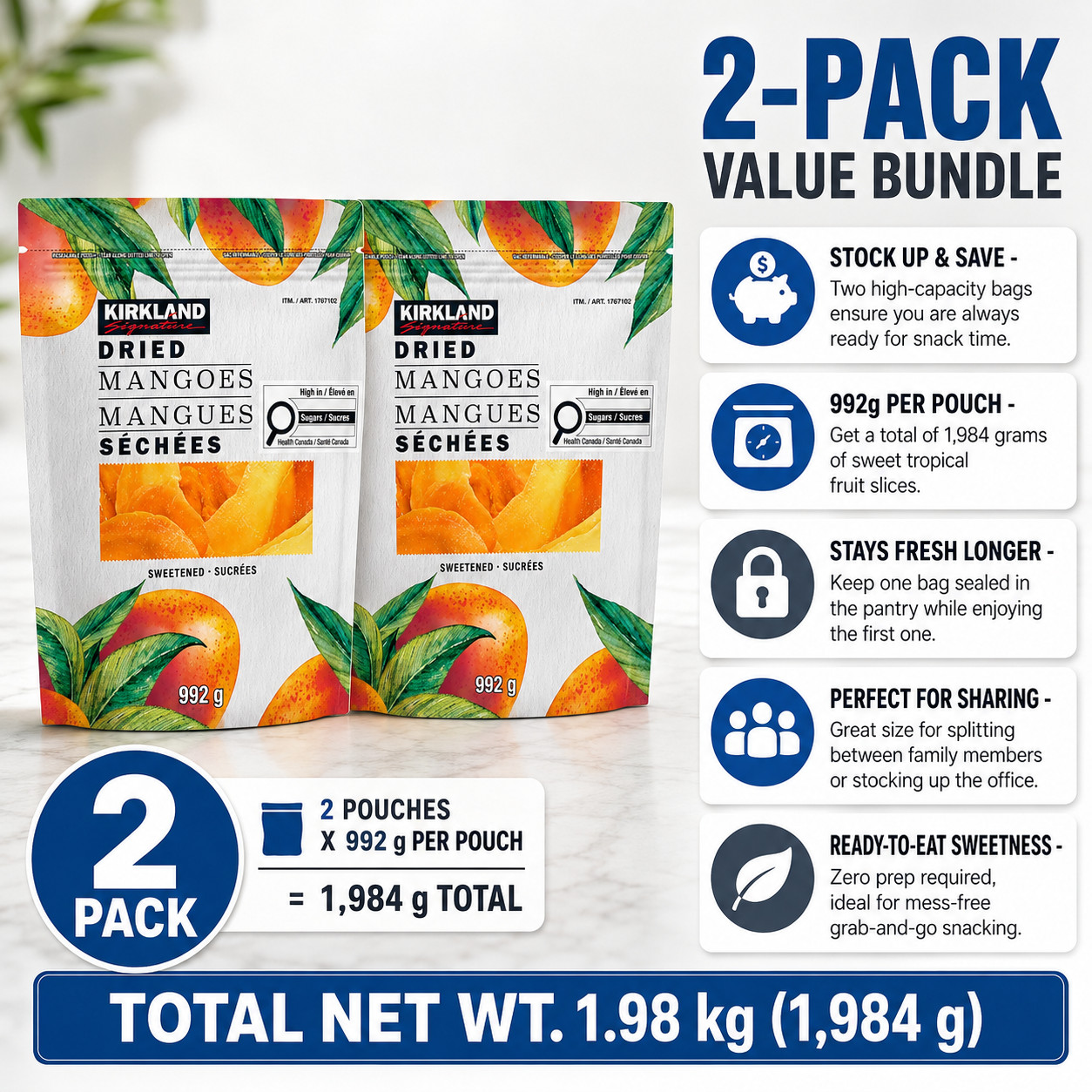 2 Pack Kirkland Signature Dried Mangoes, Sweetened, 35 oz