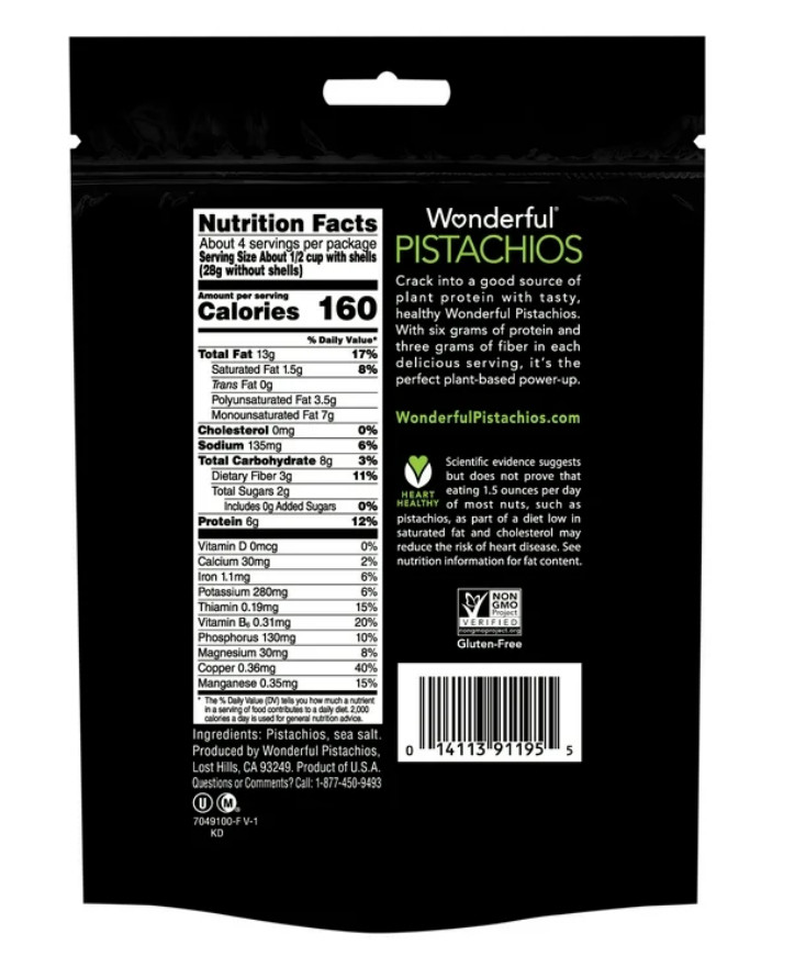 Wonderful Pistachios, In-Shell Roasted & Salted Nuts, 8 Ounce Resealable Bag