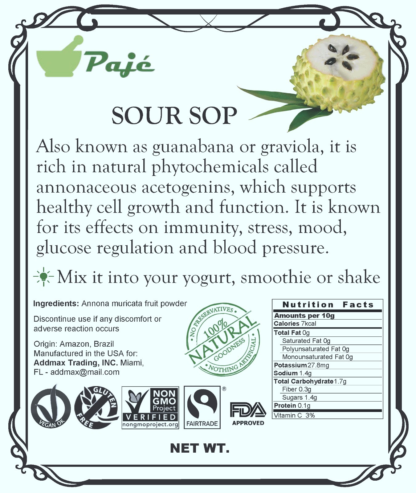 SOURSOP fruit powder(not leaves) 32oz 2lb Guanabana Graviola Cell health PAJE