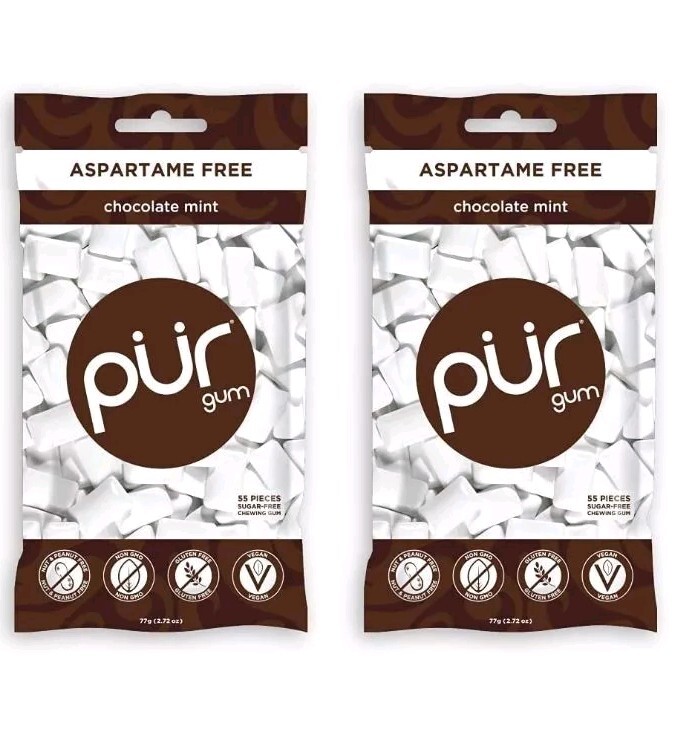 PUR Xylitol Chewing Gum CHOCOLATE MINT (55 Pieces, 2 Pack) Sugarless Vegan Pure