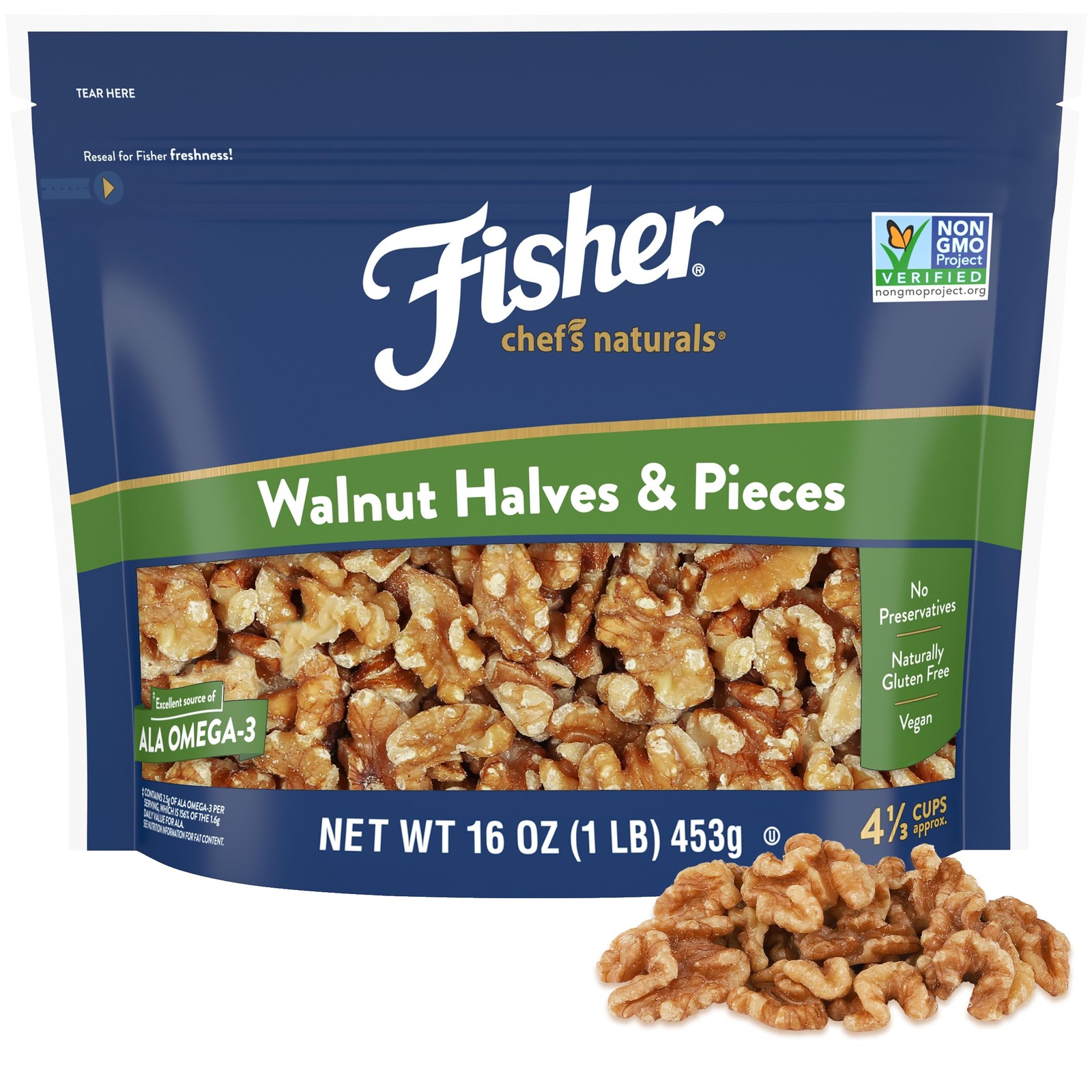 Fisher Walnut Halves & Pieces 16 oz, 100% California Unsalted Walnuts for Bak…