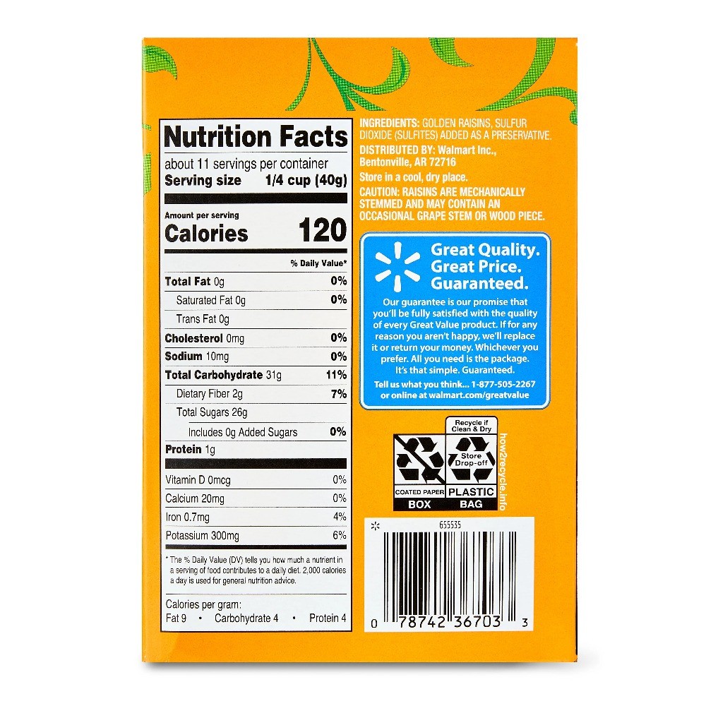 (4 pack) Great Value Seedless Golden Raisins Carton, 15 oz (425g)