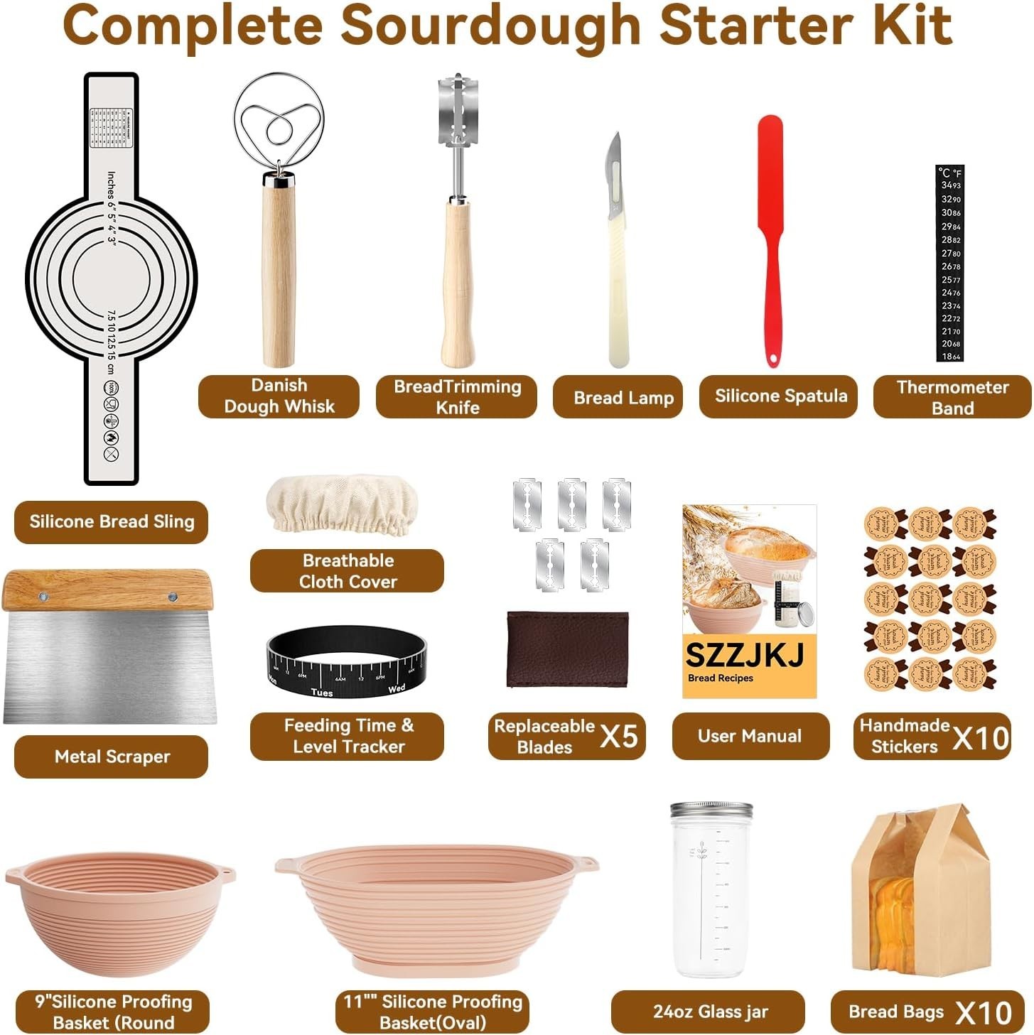 Sourdough Starter Kit Bread Baking Supplies Proofing Baskets Tools 24pcs