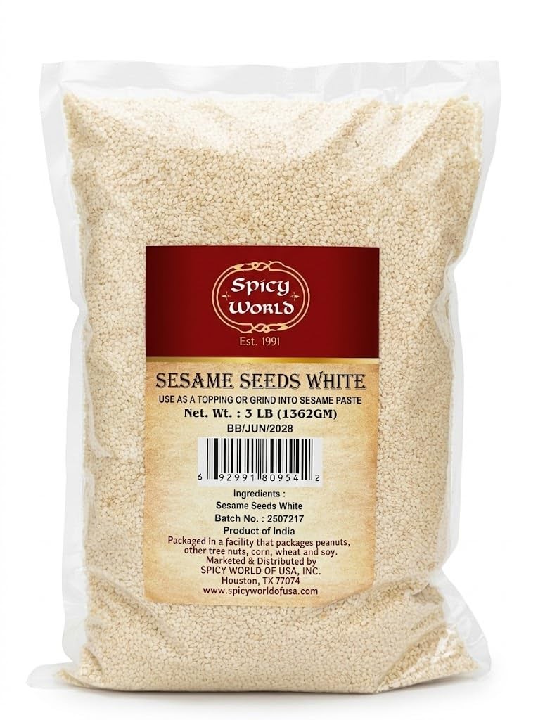 White Sesame Seeds 3 LB Bag – Natural, Raw, Hulled, Non-Gmo, Bulk Resealable Bag
