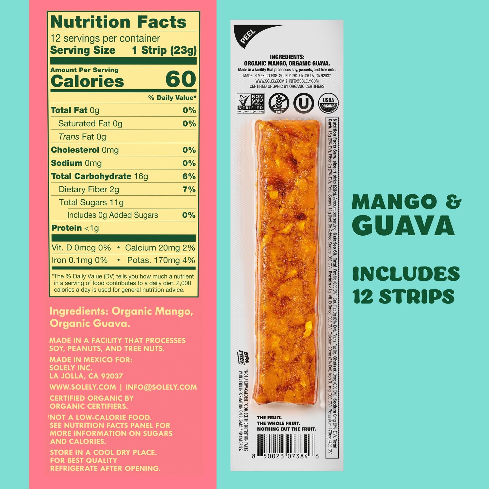 SOLELY – Organic Mango Guava Fruit Jerky – 12 Individually Wrapped Strips 12-…