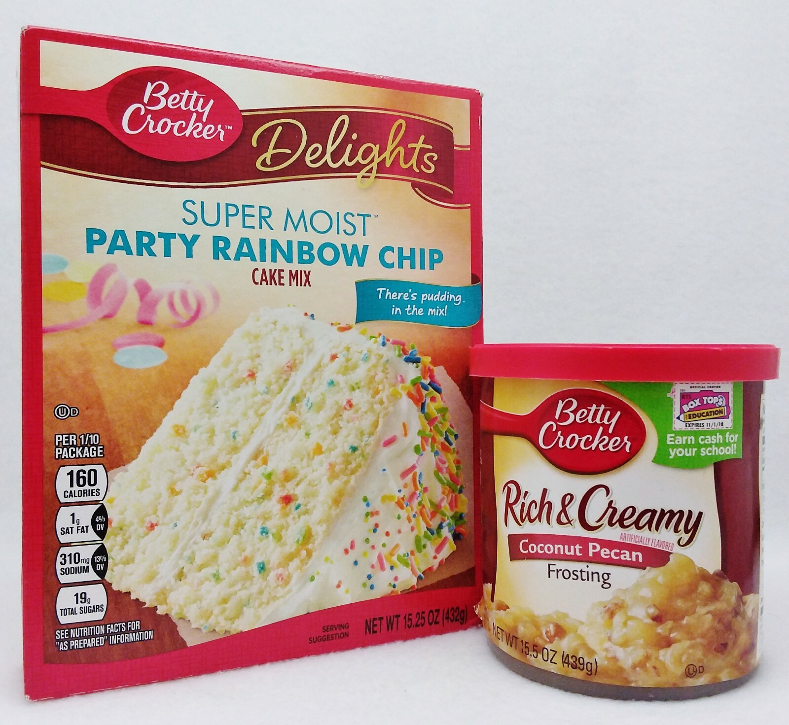 Betty Crocker Super Moist PARTY RAINBOW CHIP Cake Mix COCONUT PECAN Frosting SET