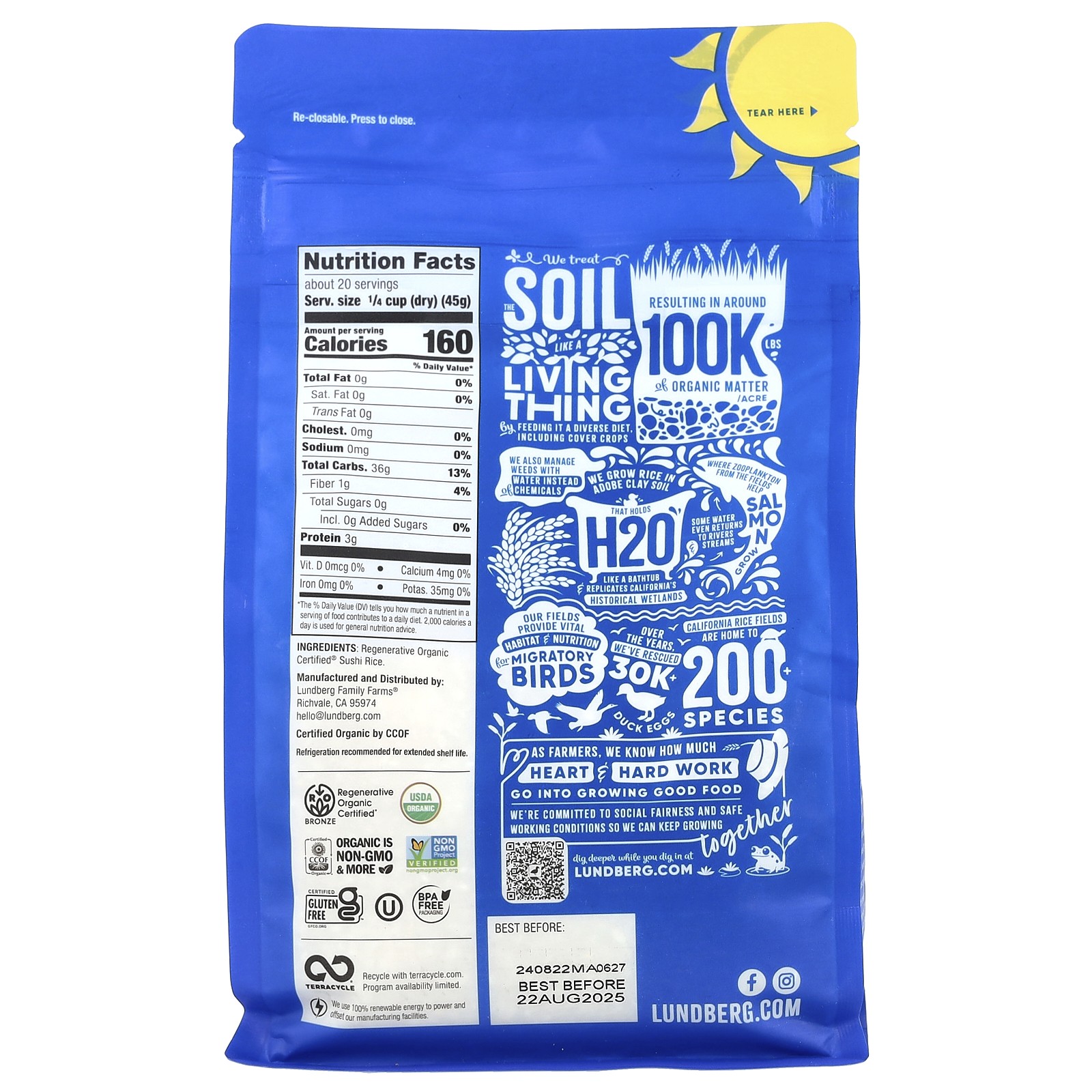 Lundberg Organic California Sushi Rice 32 oz 907 g BPA-Free, Gluten-Free,