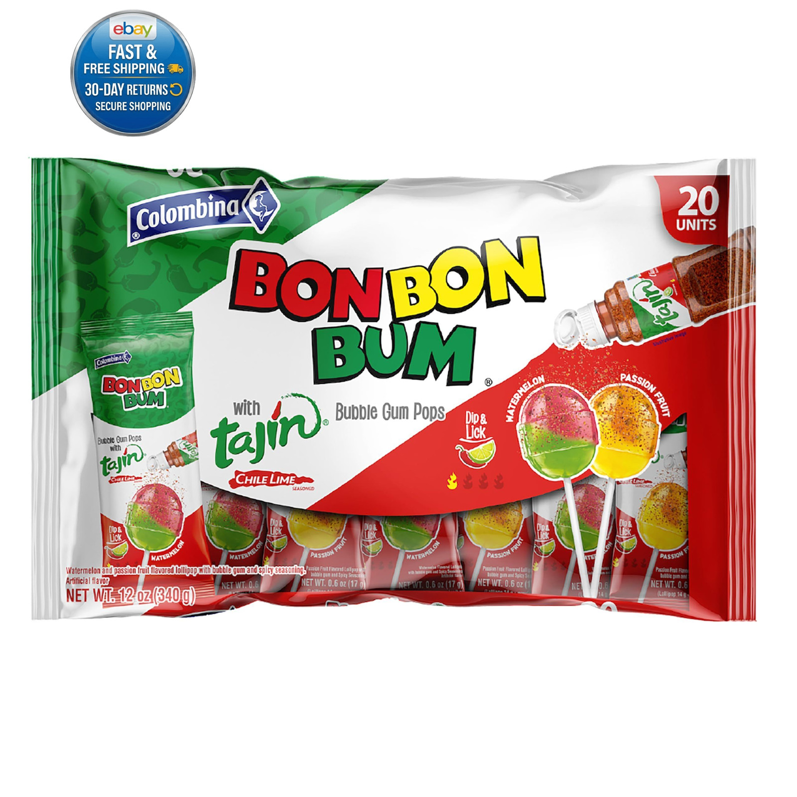 Bon Bum Tropical 20 Count (Pack of 1), Red, Green, and Yellow