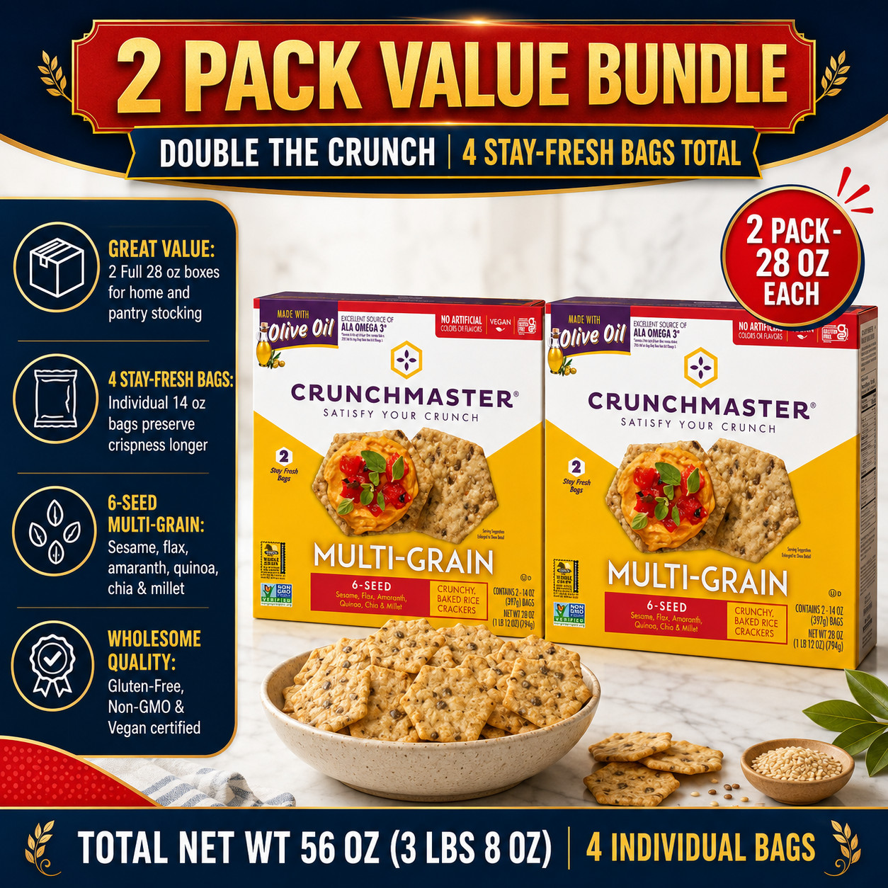2 Pack Crunchmaster 6-Seed Multi-Grain Crackers, 28 oz