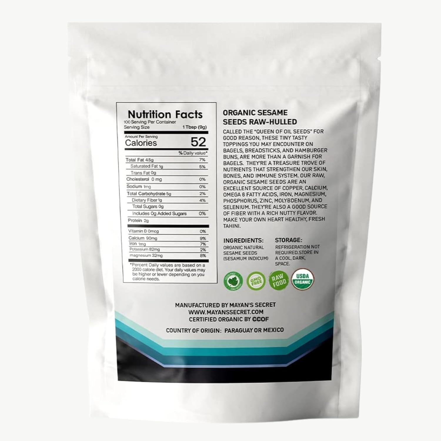Mayan’s Secret Certified Organic hulled Sesame Seeds, 2 Lbs – Gluten Free, Raw,