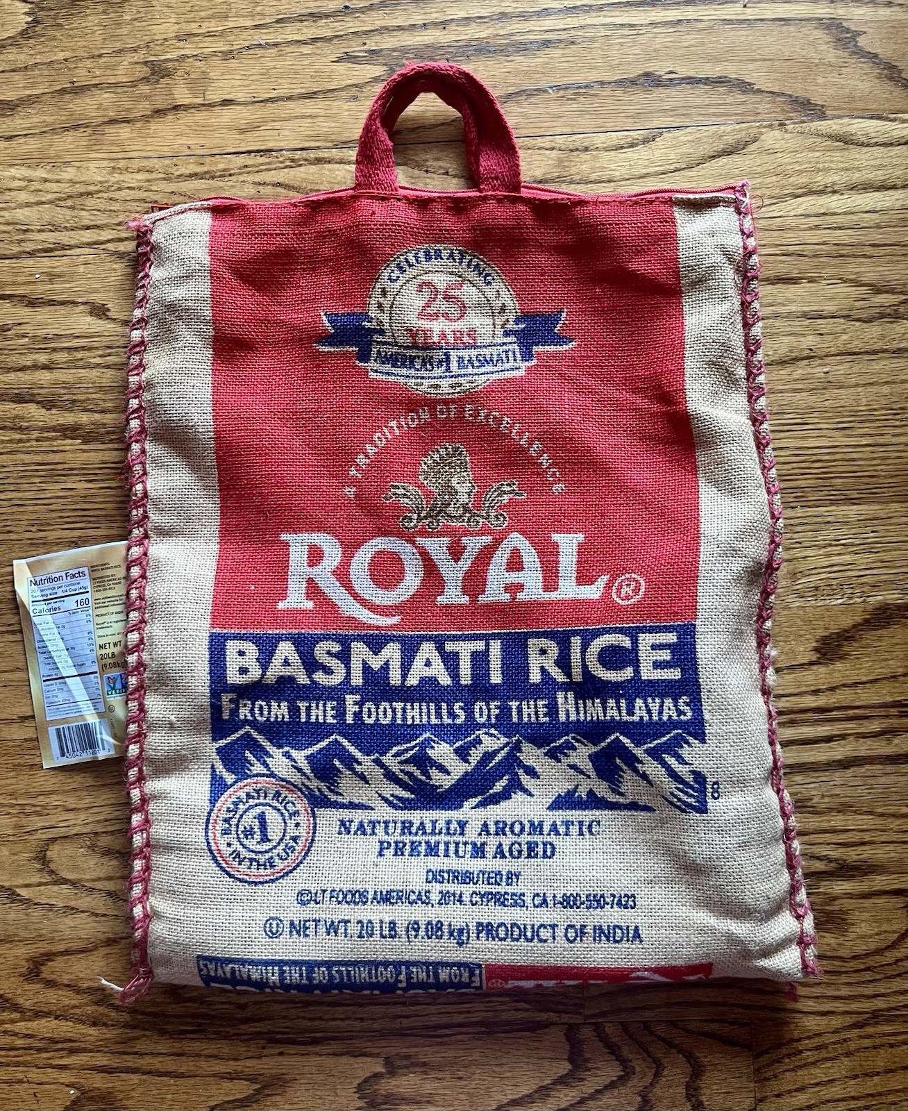 Royal Basmati Rice Bag 20lbs Burlap Handles Zipper Heavy Duty 25th Anniv No Rice